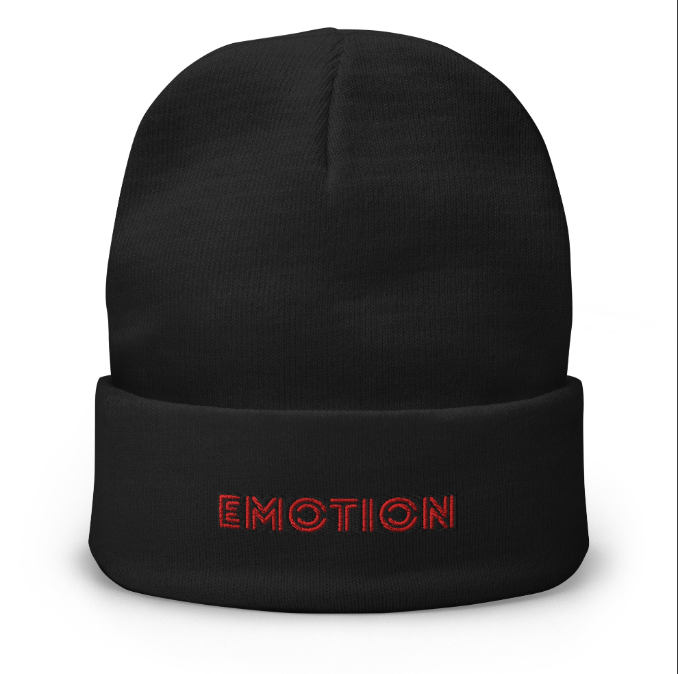 Black EMOTION Embroidered Beanie – Winter Streetwear for Driven Creators